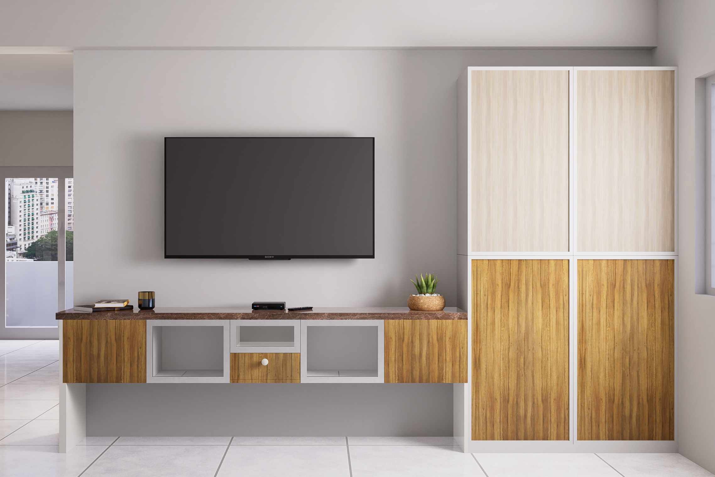 Wall-Mounted Tv Unit With Open And Closed Storage | Livspace