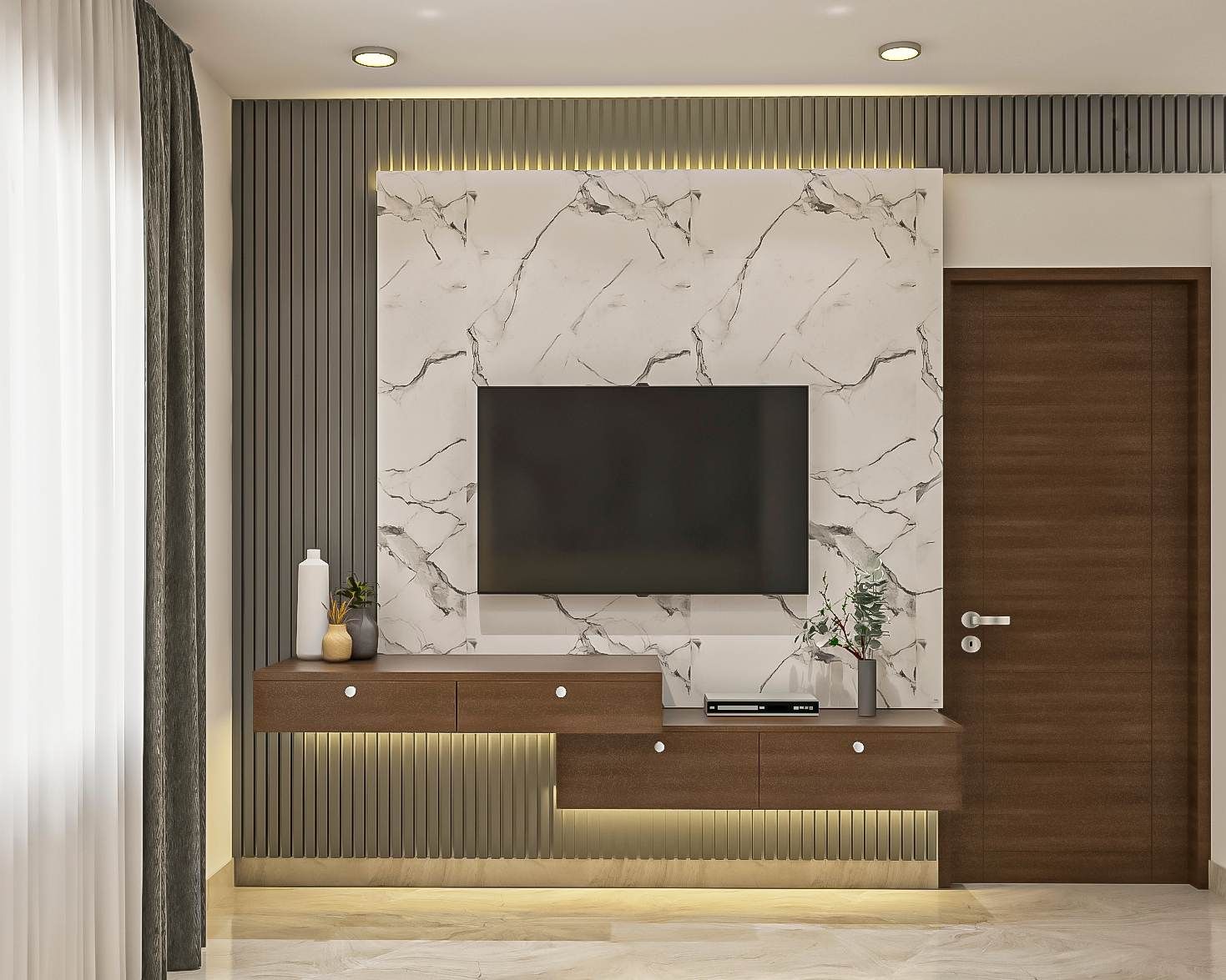 Modern TV Unit With Wall-Mounted Wooden Cabinets