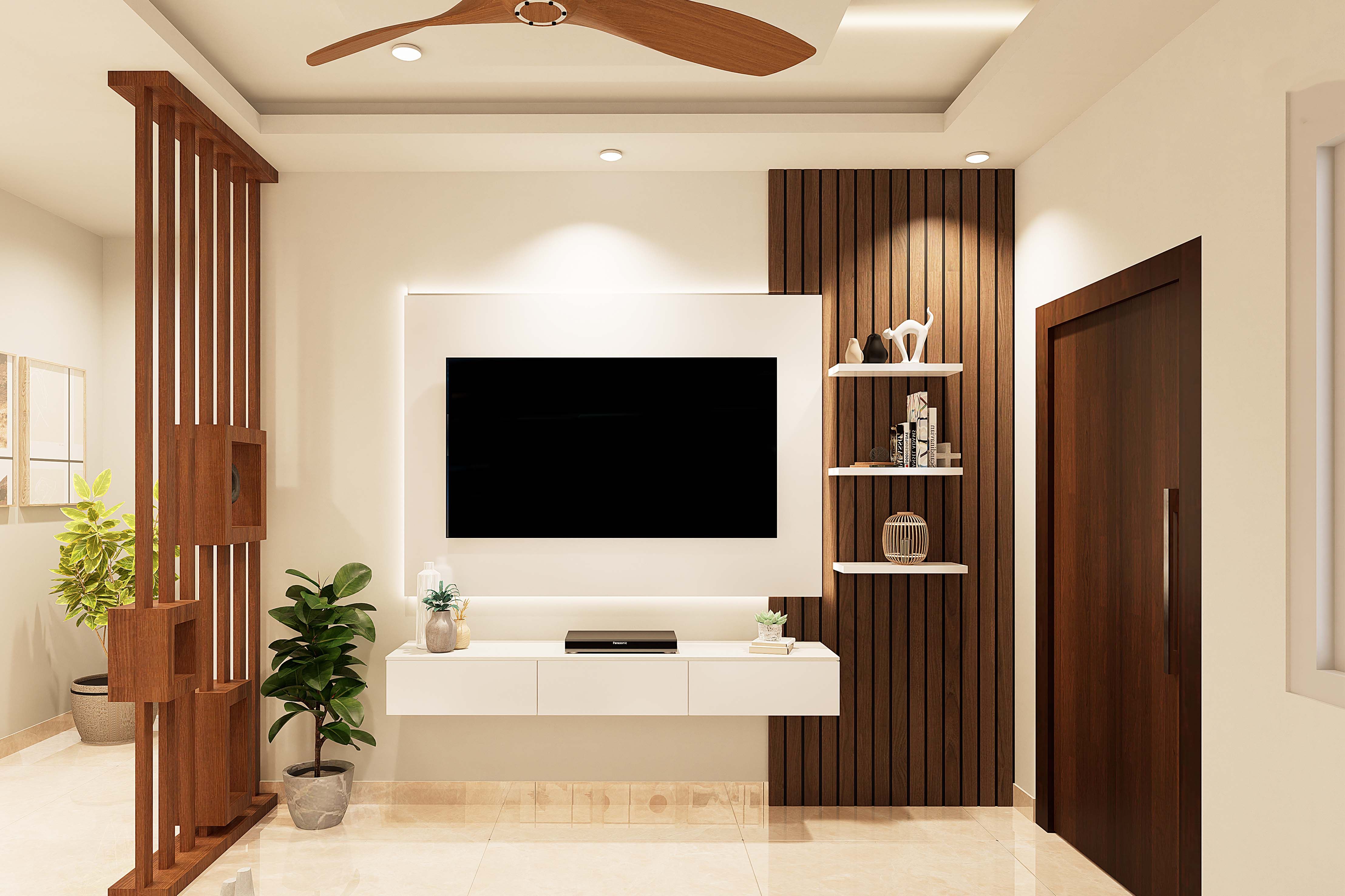 Spacious TV Unit Design With Drawers And Wall Shelves Livspace