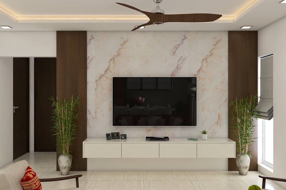 Modern Frosty White TV Unit Design With White And Marble Backdrop