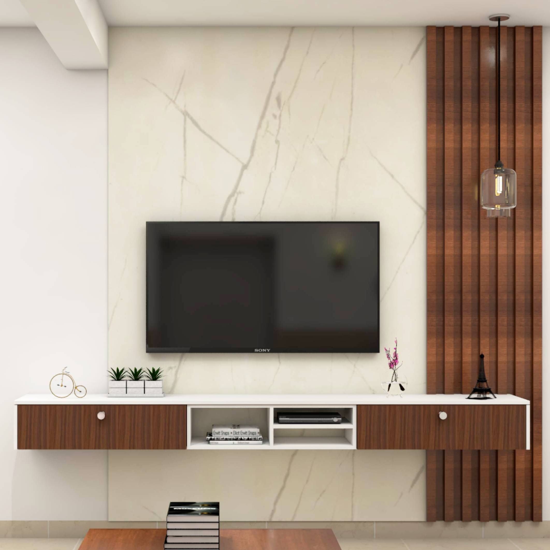 Modern Two Drawer Wall-Mounted TV Unit With Fluted Wooden Panel
