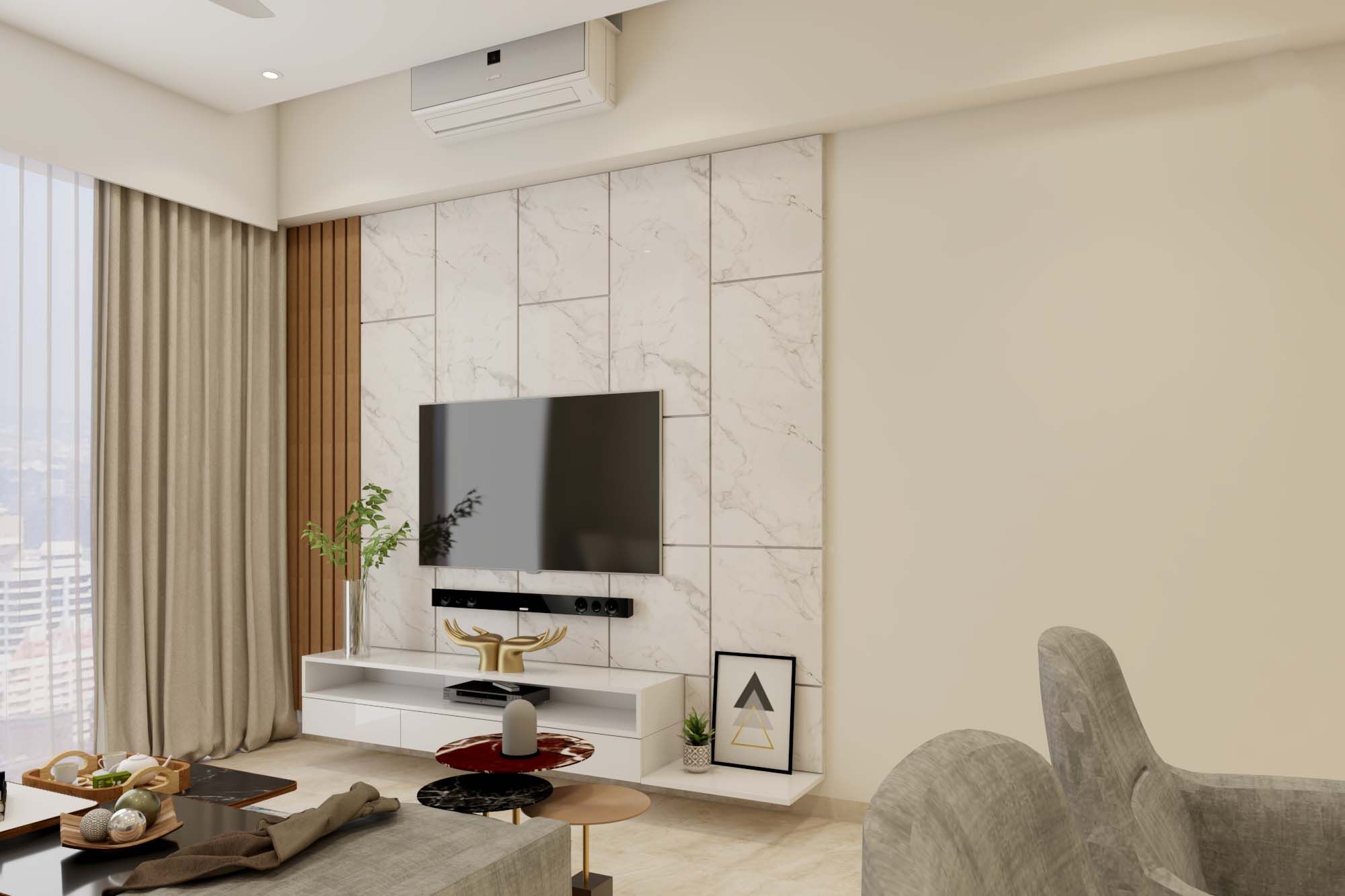 Contemporary TV Unit Design With Wooden Panel | Livspace