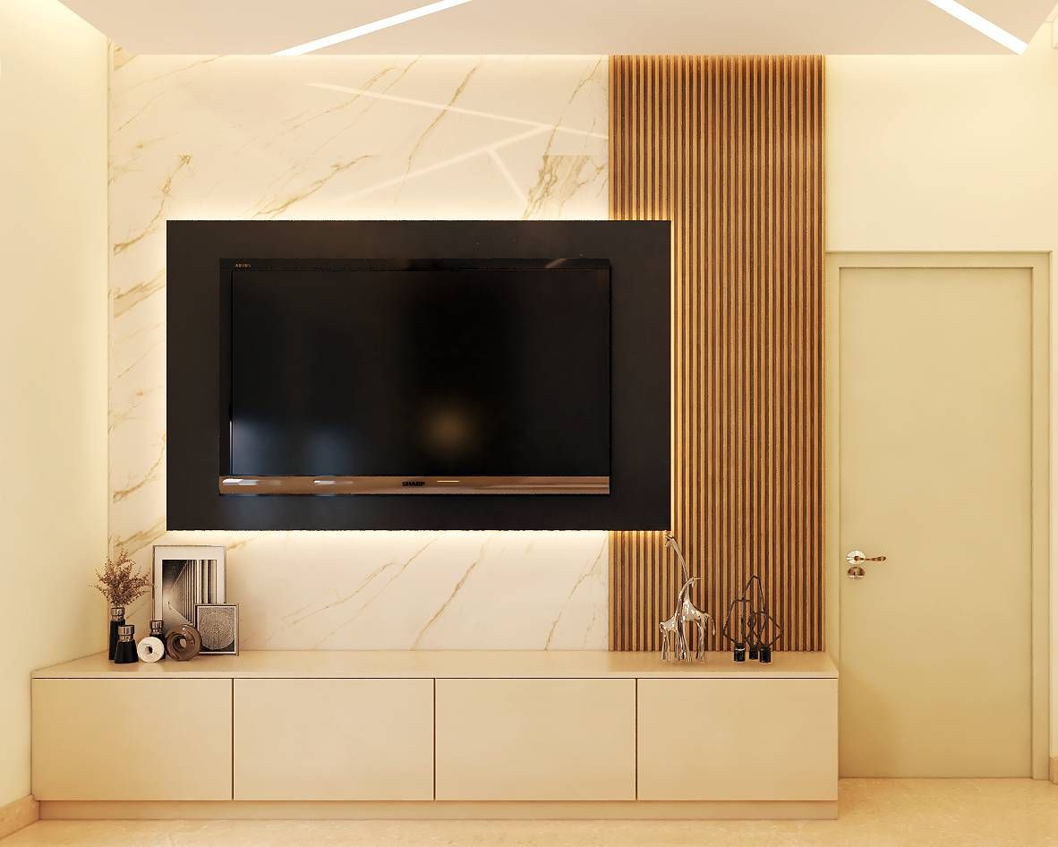 Contemporary Black TV Unit Design With Wood And Marble