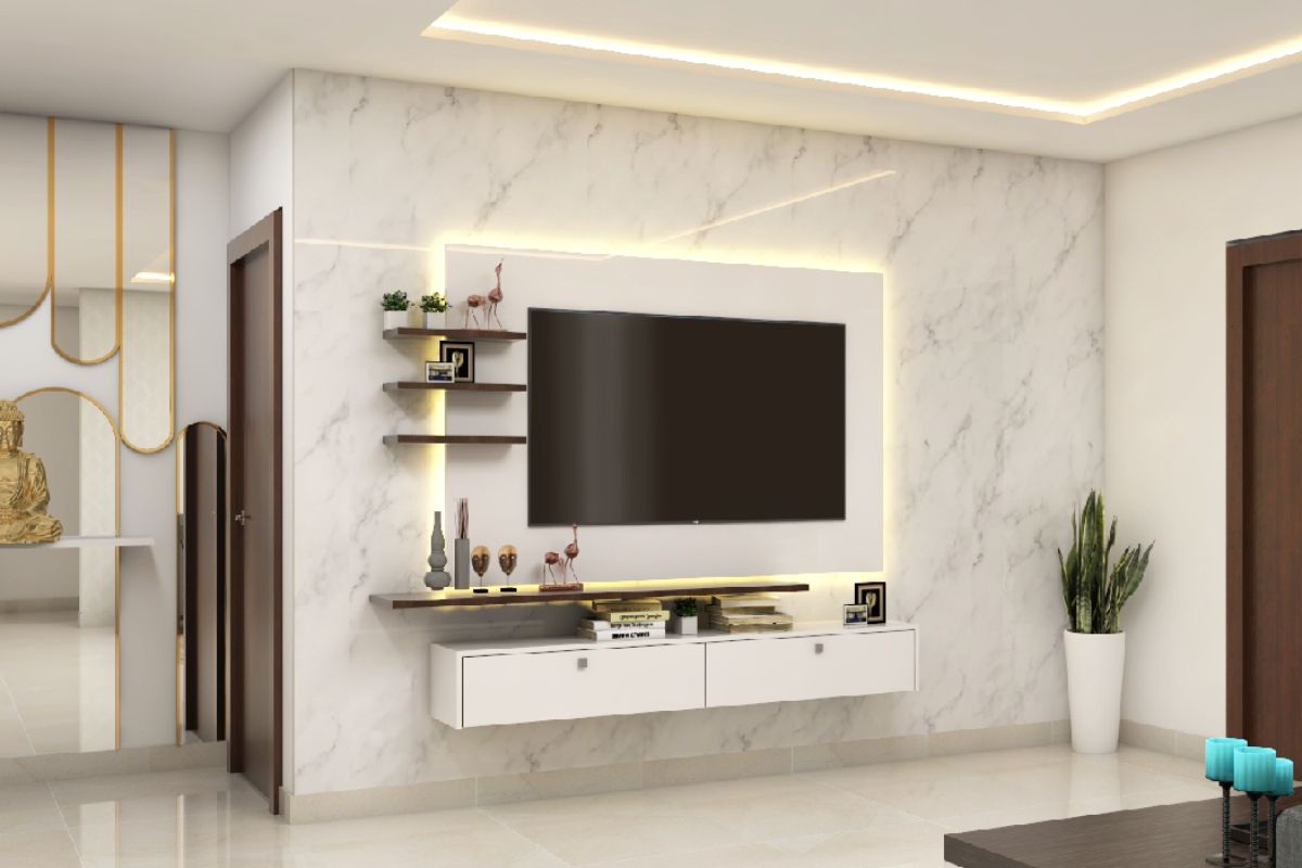 Modern Wall Mounted TV Unit Design With Marble Cladding