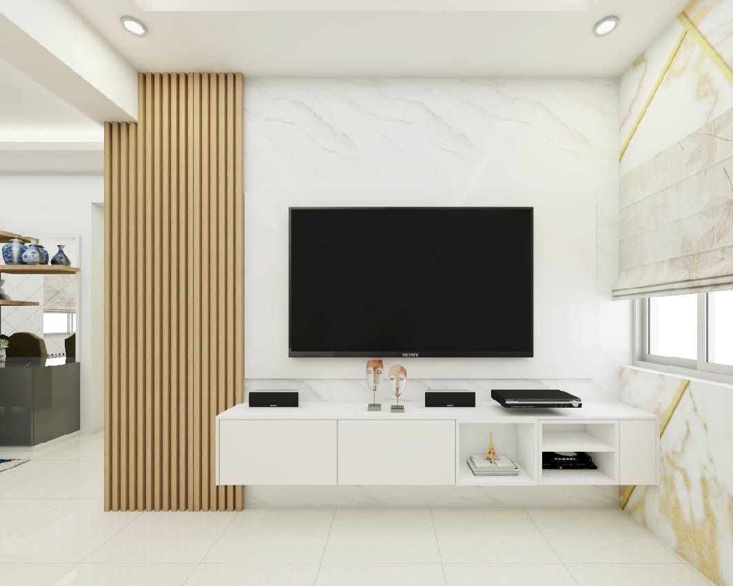 Spacious TV Unit Design With Fluted Panels Livspace