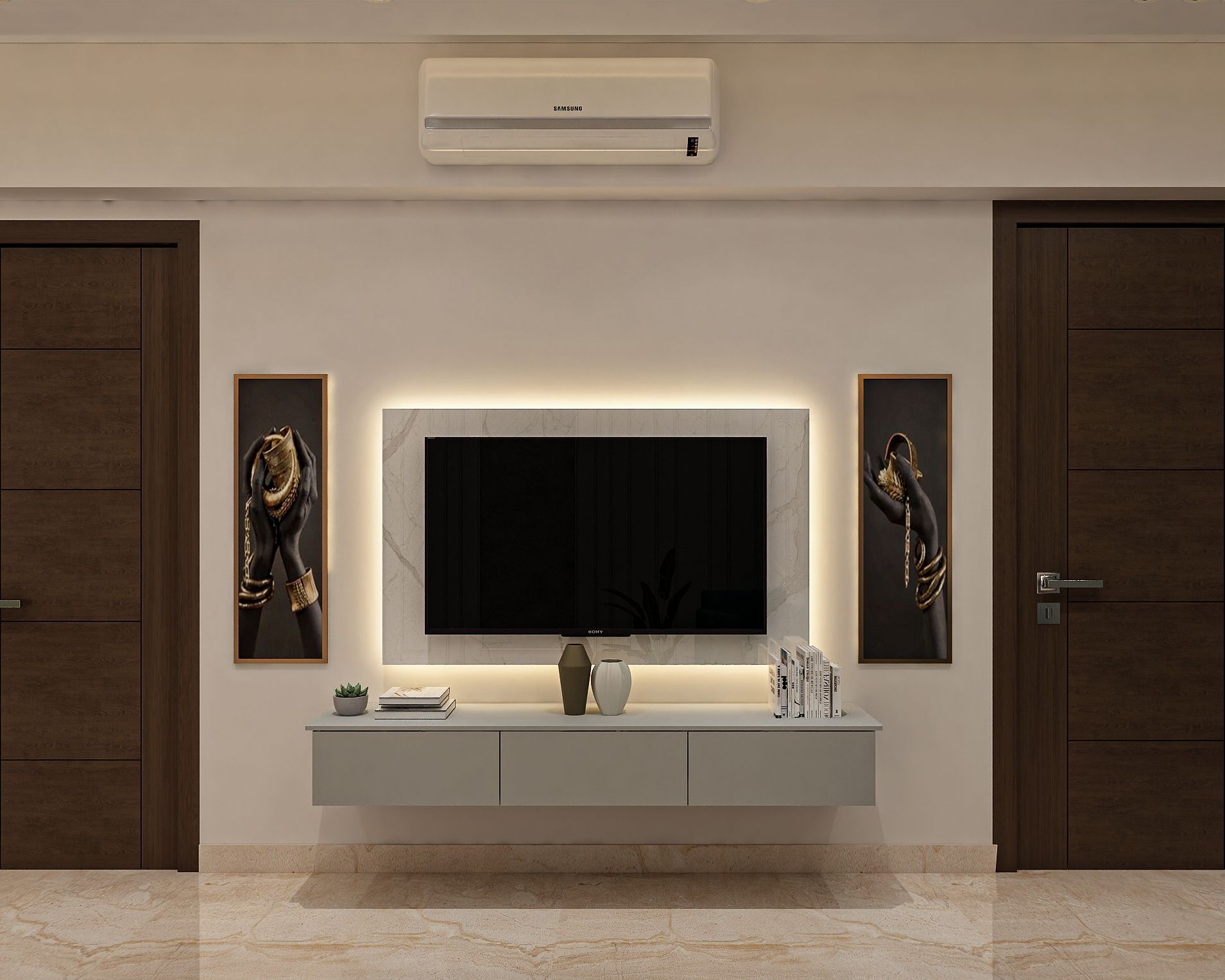 Modern TV Unit With White Marble Wall Tiles