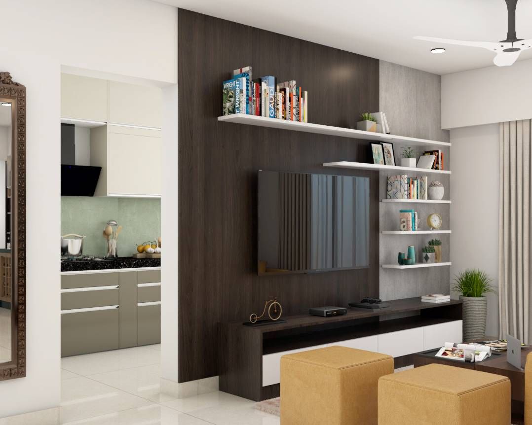 Modern TV Unit Design With Grey And Wooden Panel