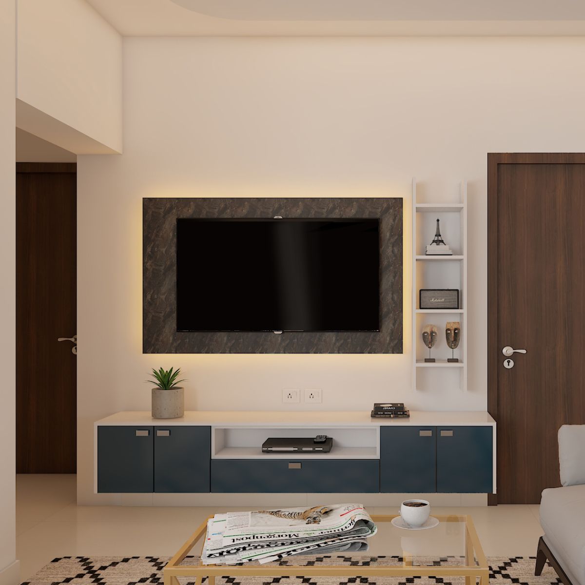 Modern TV Unit Design With White Wall Shelves