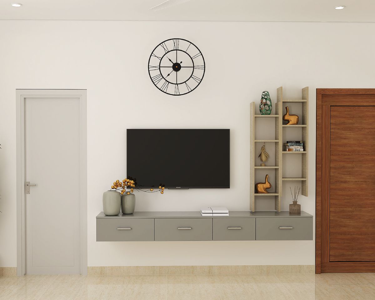 Compact TV Unit Design With Wooden Grain Laminates Livspace