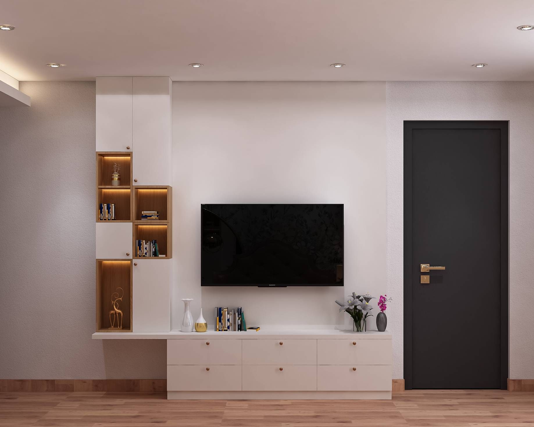 Modern White TV Unit Design With Open Shelves