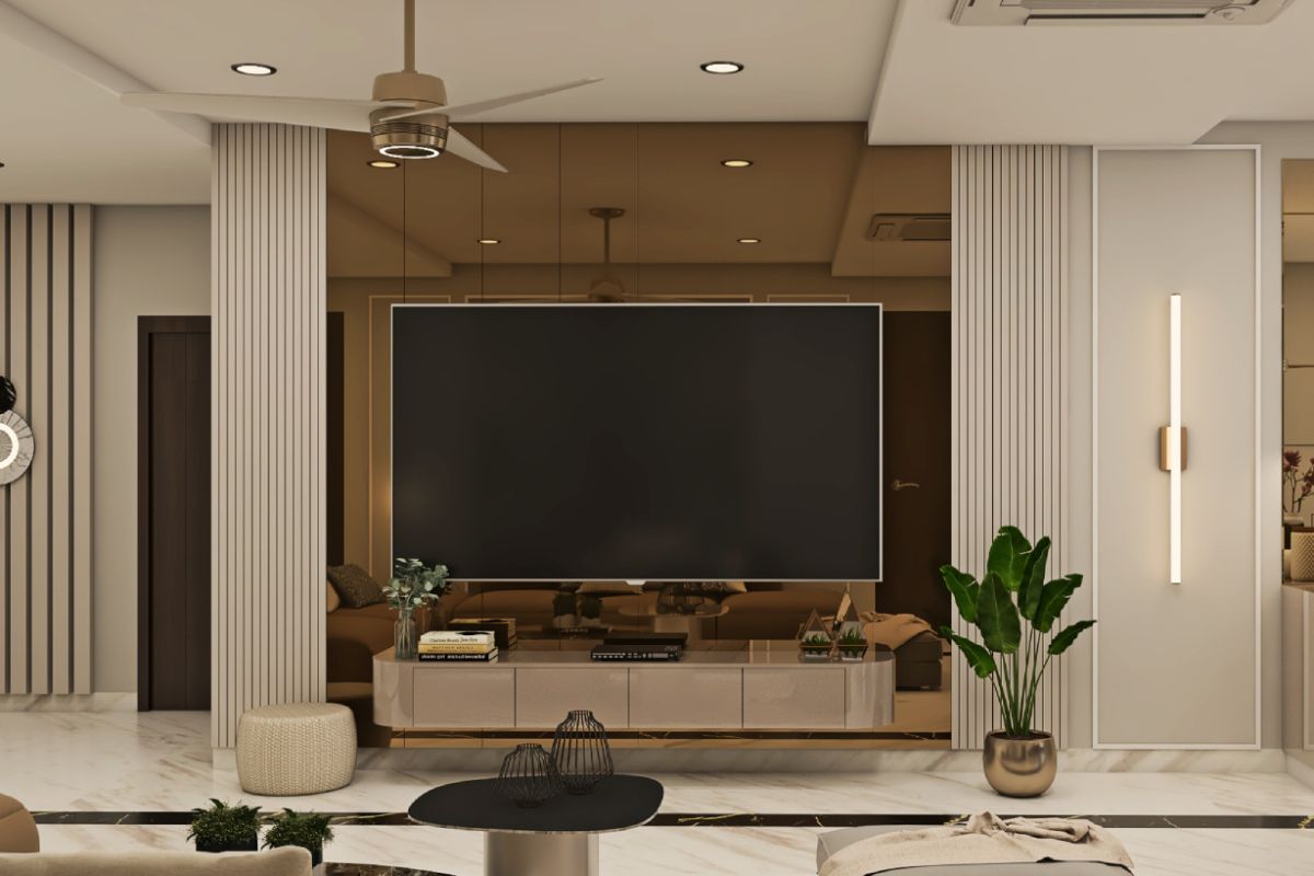 Contemporary Light Beige TV Unit Design With Bronze Tinted Mirror