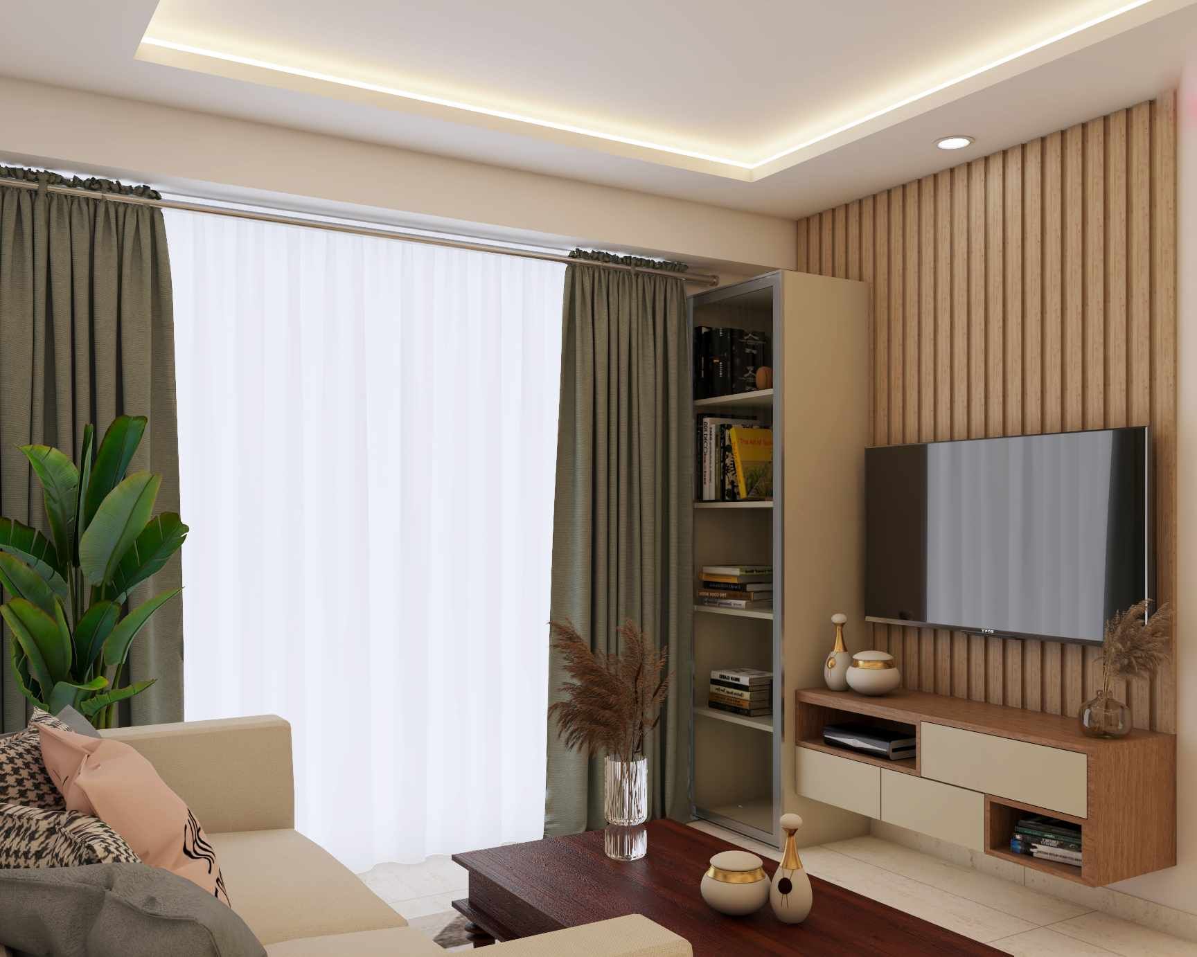 Compact TV Unit Design With Vertical Wooden Panels | Livspace