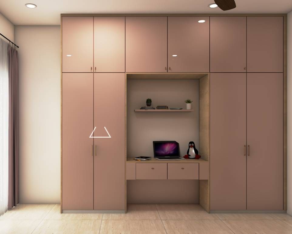 Spacious Wardrobe Design With Study Table In Peach | Livspace