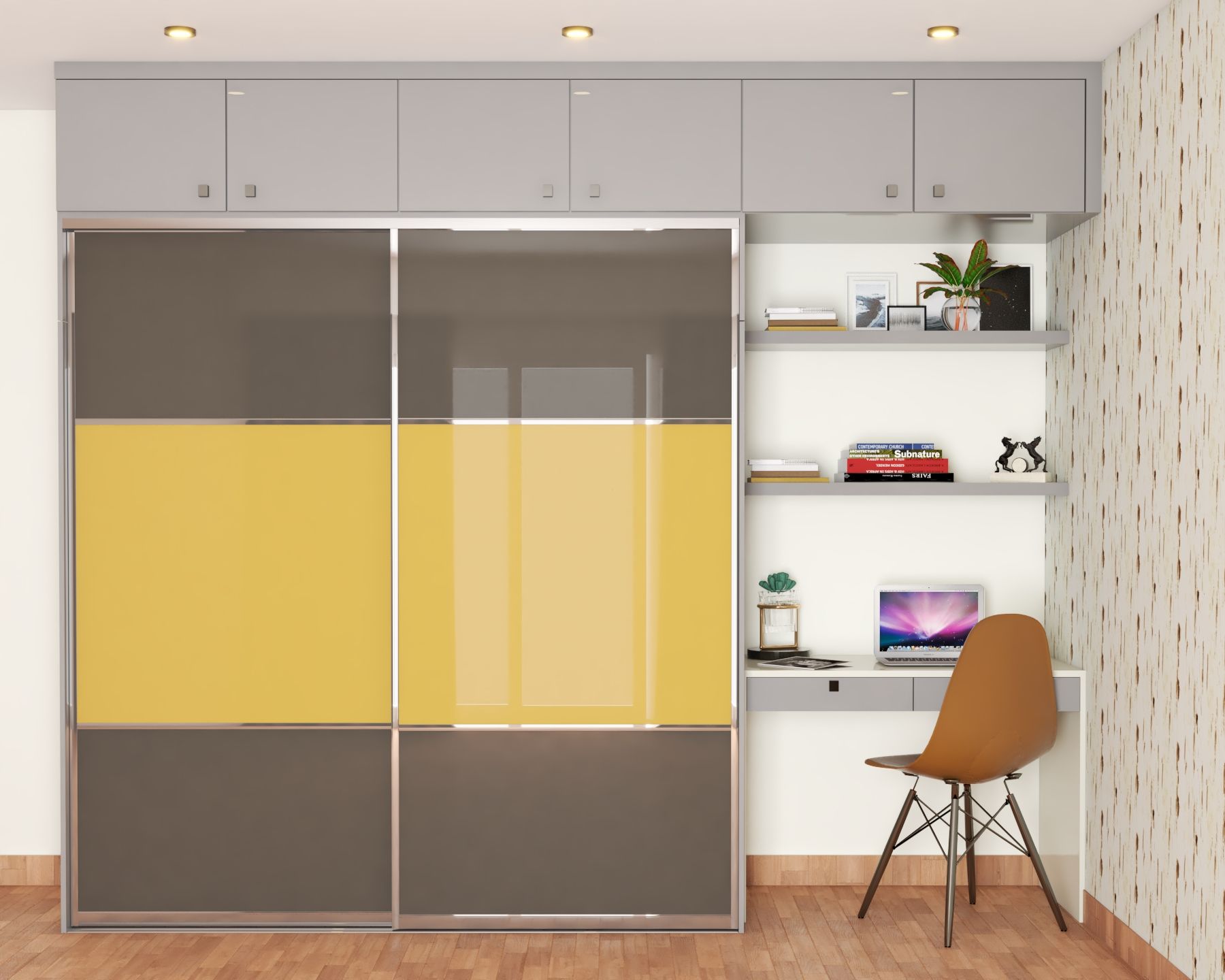Contemporary Sliding Door Wardrobe Design In Yellow And Brown