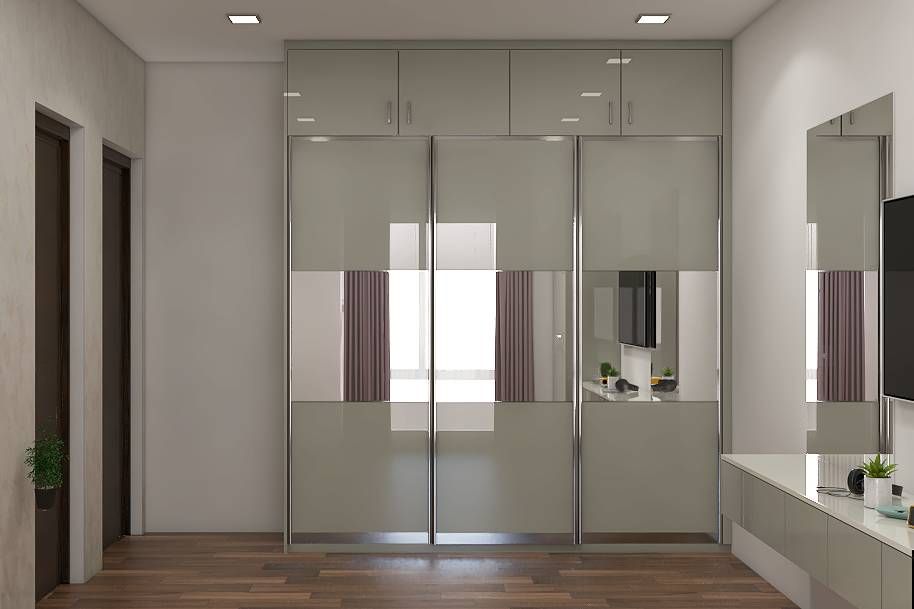 Grey Sliding Wardrobe Design With Mirror Panelling Livspace
