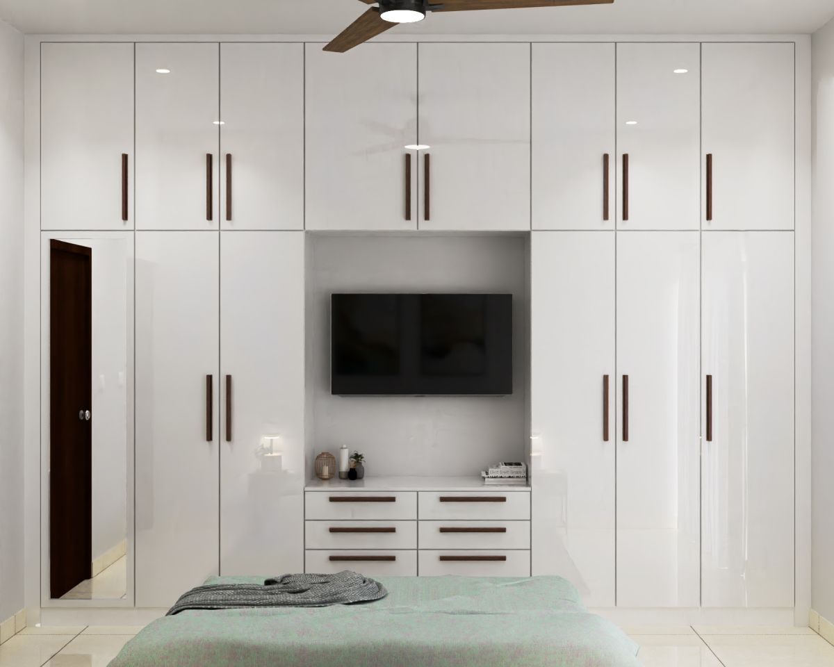 Modern White 5-Door Wardrobe Design With An Integrated TV Unit