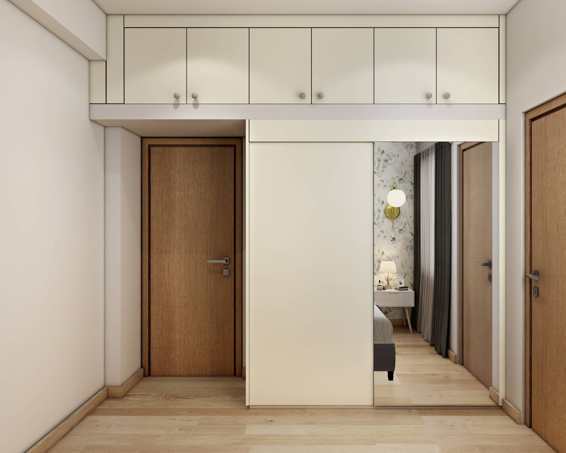 Modern White Sliding Door Wardrobe Design With Loft Storage