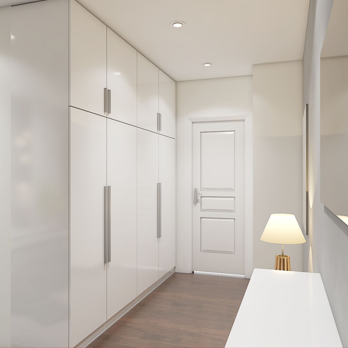 Modern White 4-Door Wardrobe Design With Loft Storage