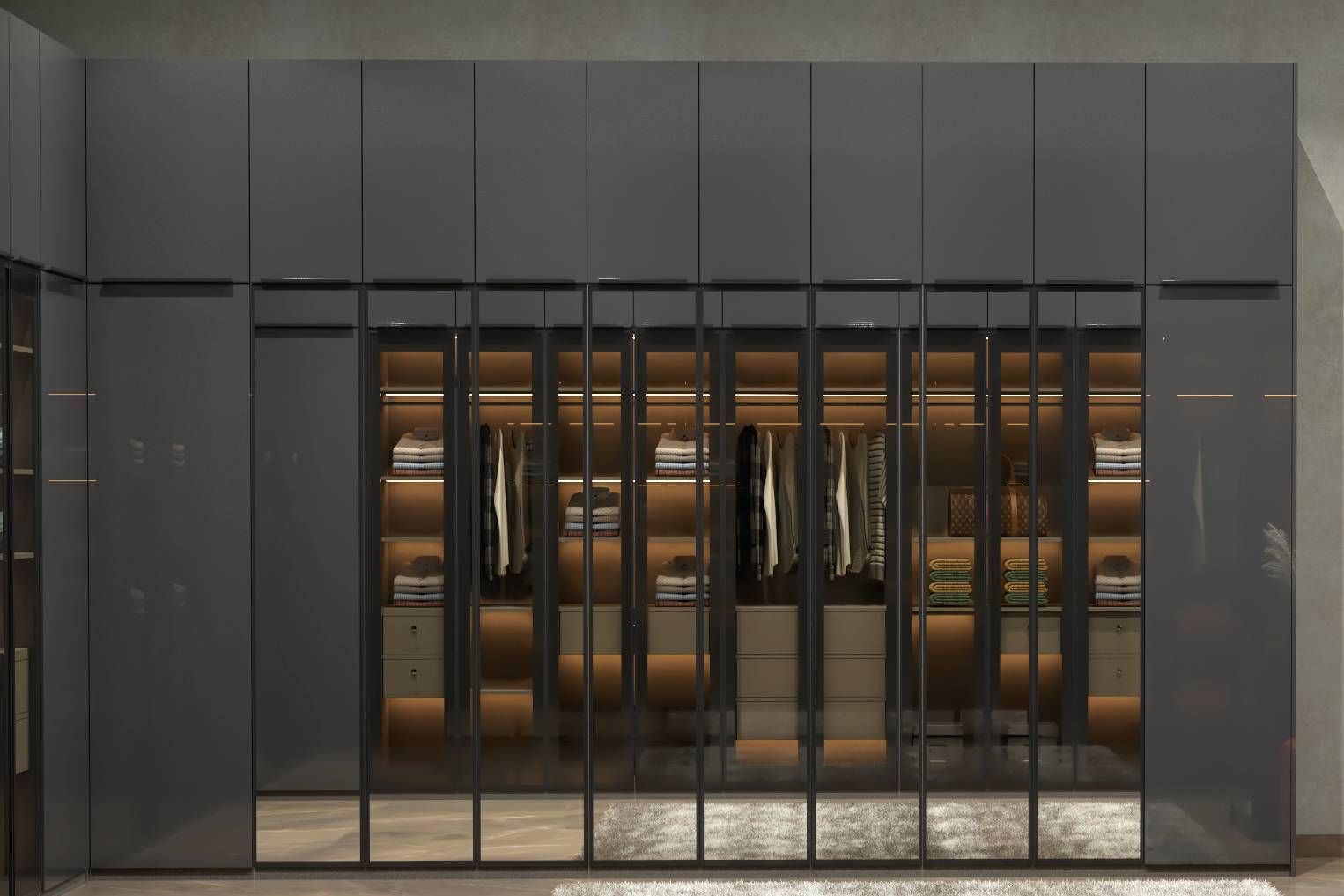 Contemporary 10-Door Swing Wardrobe Design With Loft Storage