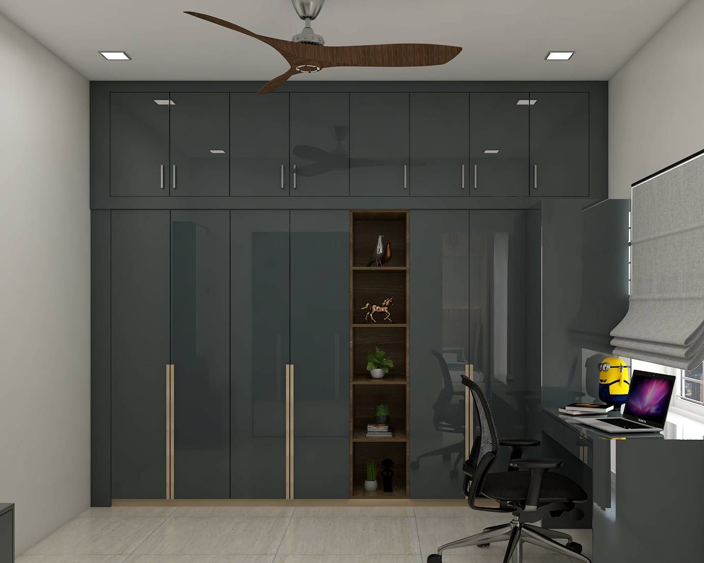 7-Door Modern Grey Wardrobe Design With Open Storage