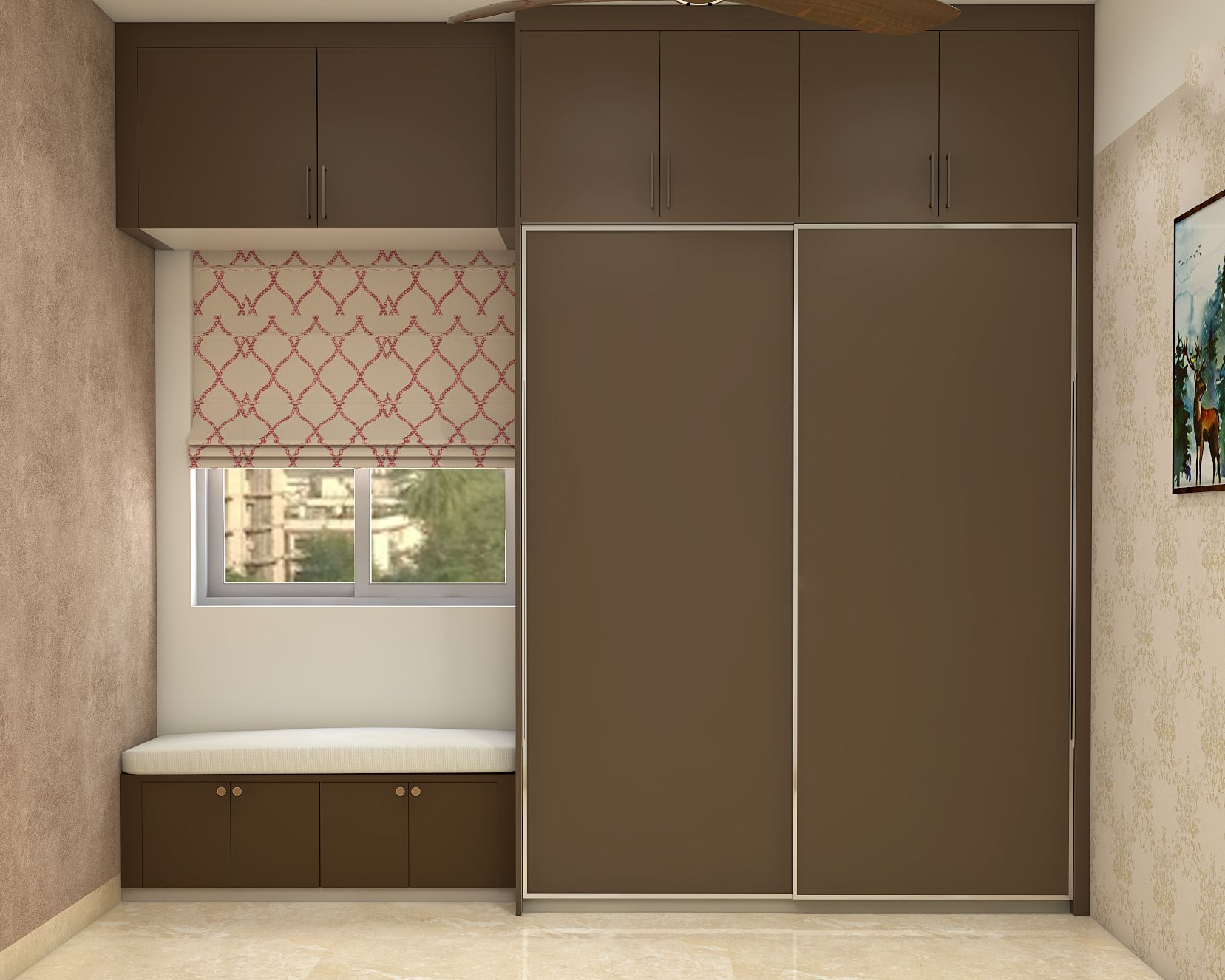 Modern 2-Door Sliding Wardrobe Design With A Built-In Seating Area