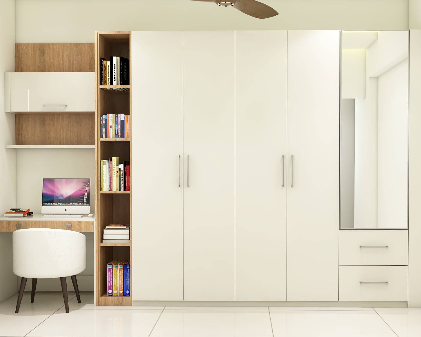 Spacious Off-White Wardrobe Design With Study Table | Livspace