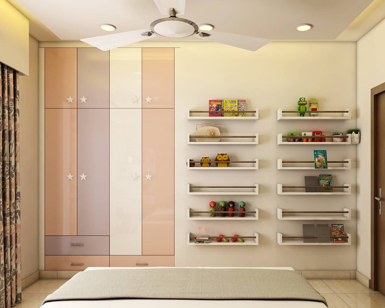 4-Door Wardrobe Design With Open Shelves | Livspace