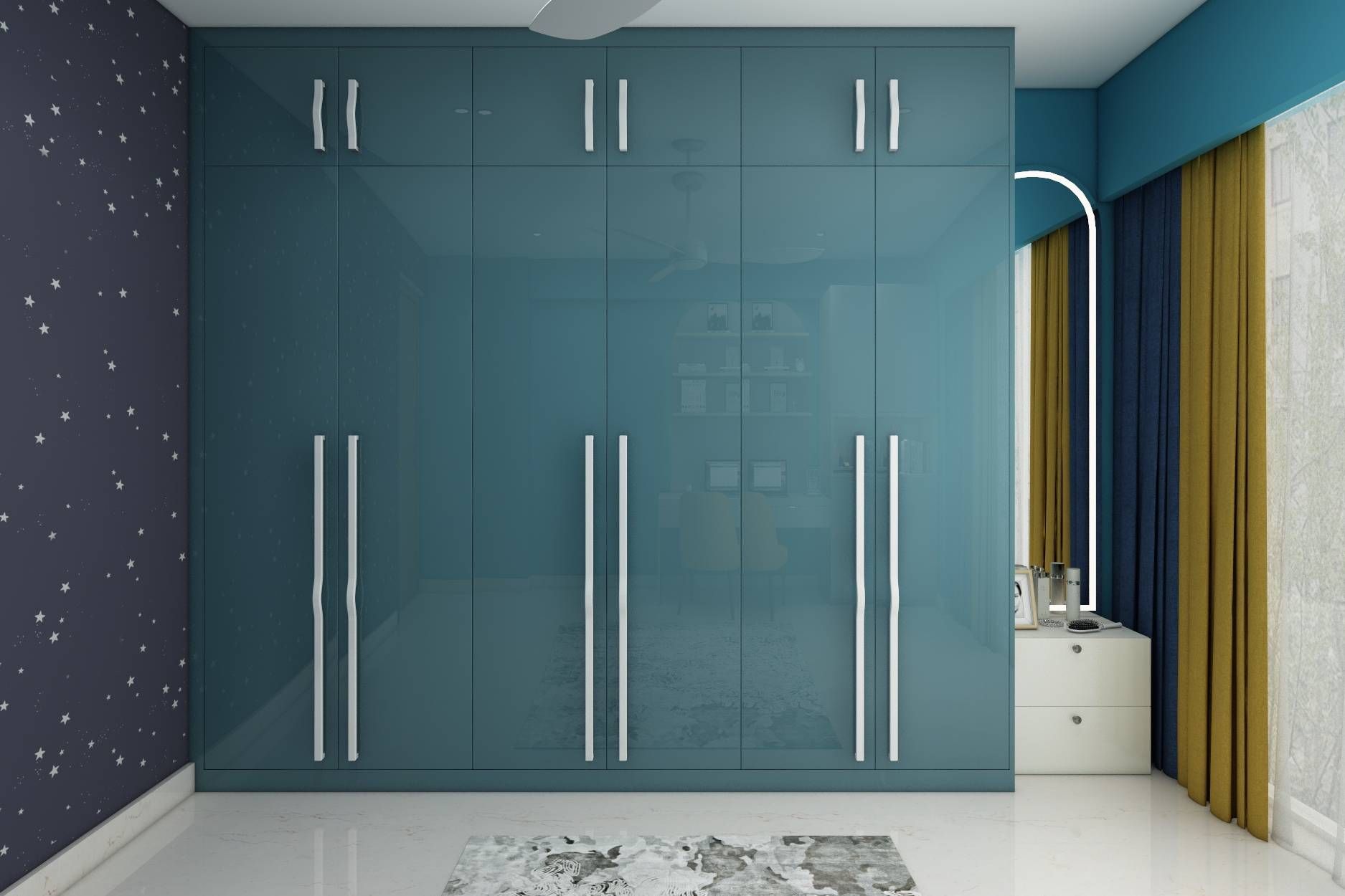Teal Blue Modern Wardrobe Design With A White Dresser On The Side