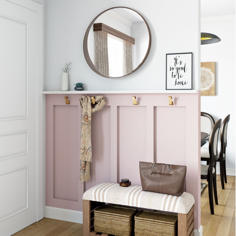 Farmhouse Light Pink Foyer Design With Round Mirror And Seat Bench