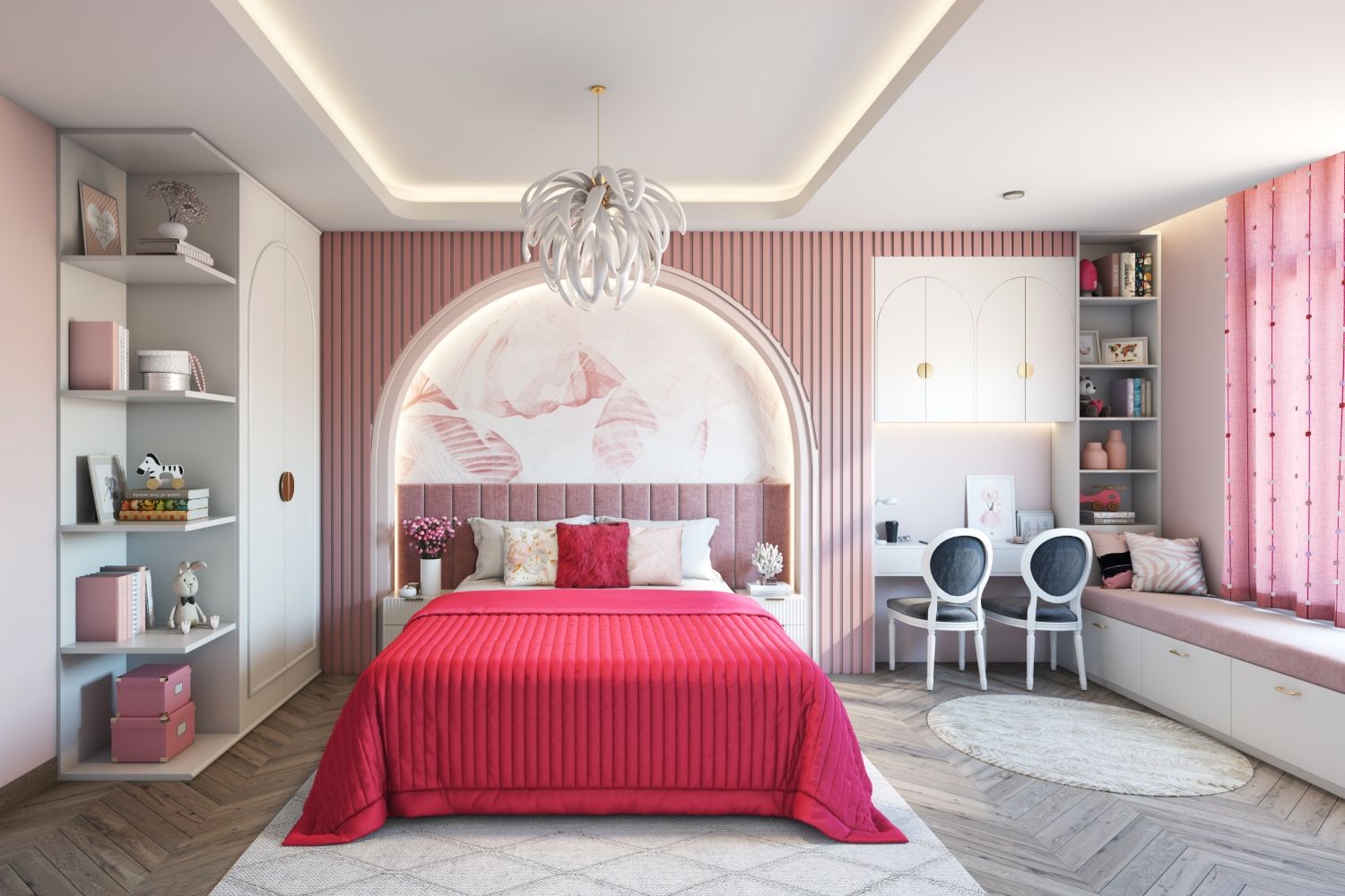 Art Deco Girls Room Design With Pink Wall Panels