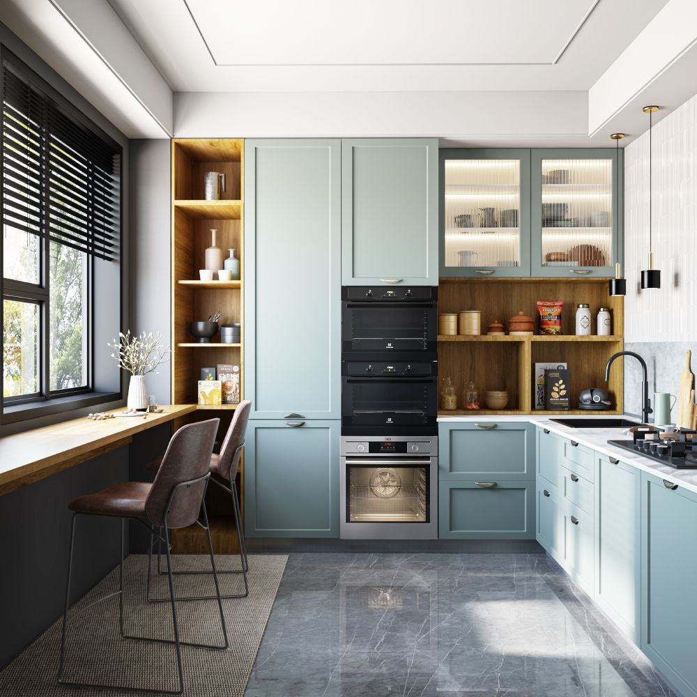 Mid-Century Modern Modular L-Shaped Kitchen Design In Light Teal Green
