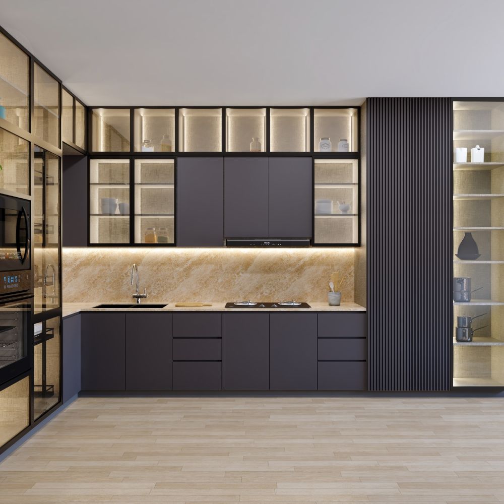 Contemporary Grey L Shaped Kitchen Design With Cabinet Lights
