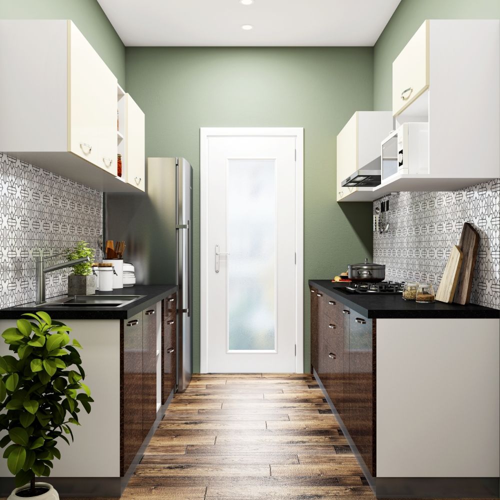 Contemporary Modular Parallel Kitchen Design With Black And White Dado Tiles