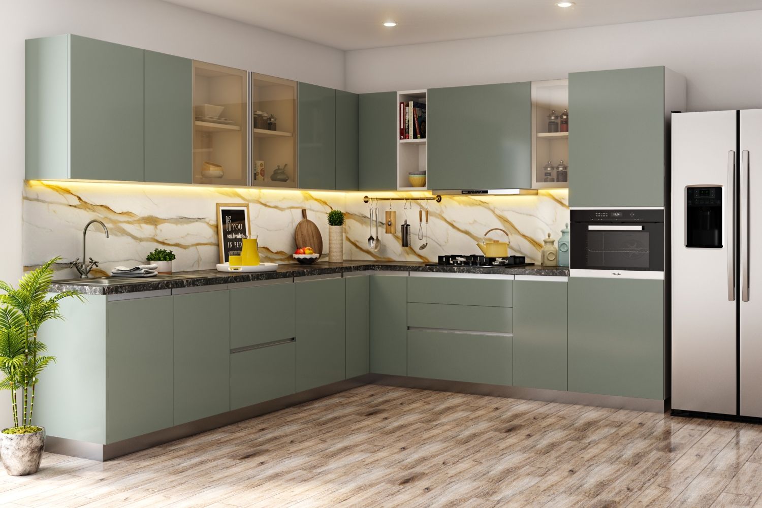 Contemporary L Shaped Modular Kitchen Design With Pastel Green Cabinets