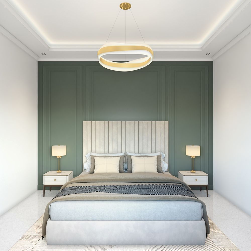 Contemporary Master Bedroom Design With Green Accent Wall And Trims