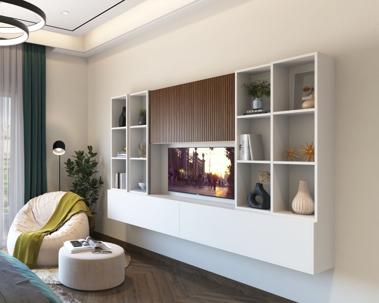 Modern Frosty White TV Unit Design With Wooden Panel And Grooves