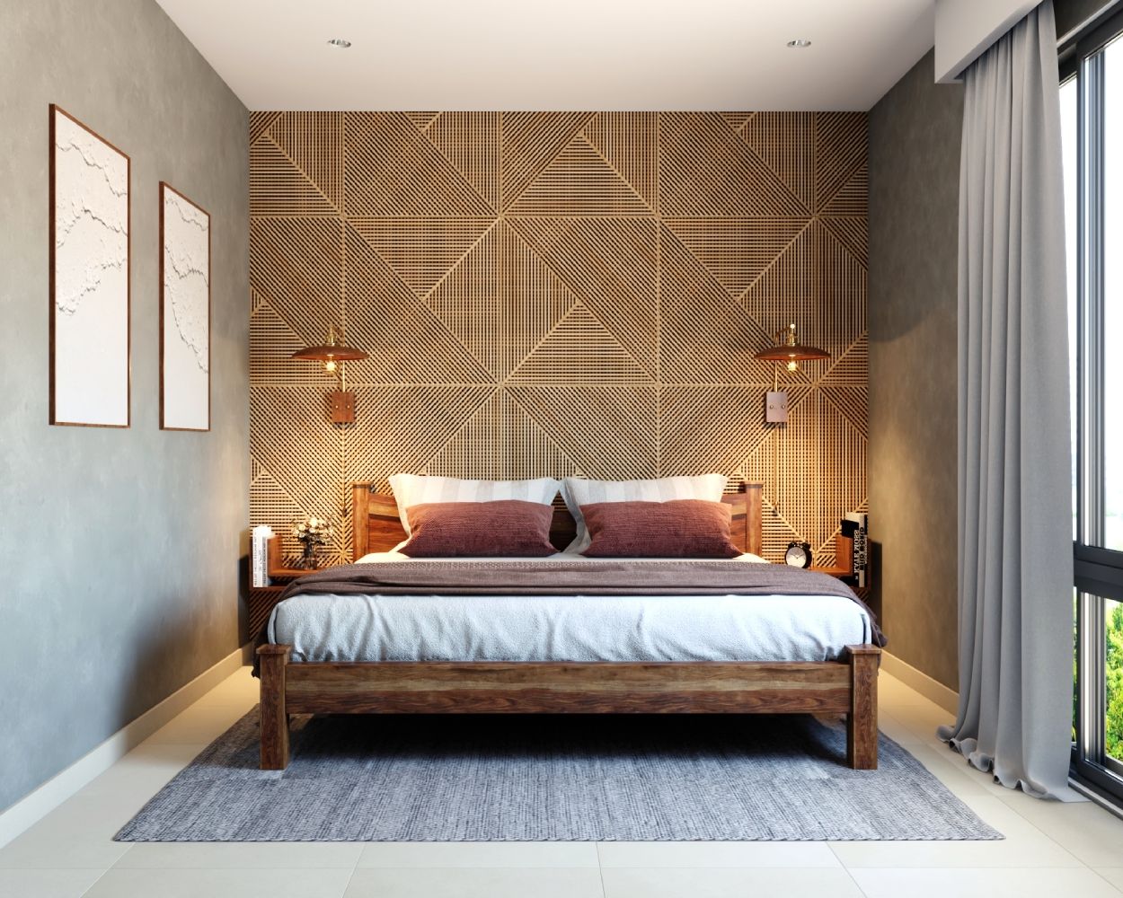 Mid-Century Modern Bedroom Wall Design With Wooden Wall Panel And Grooves