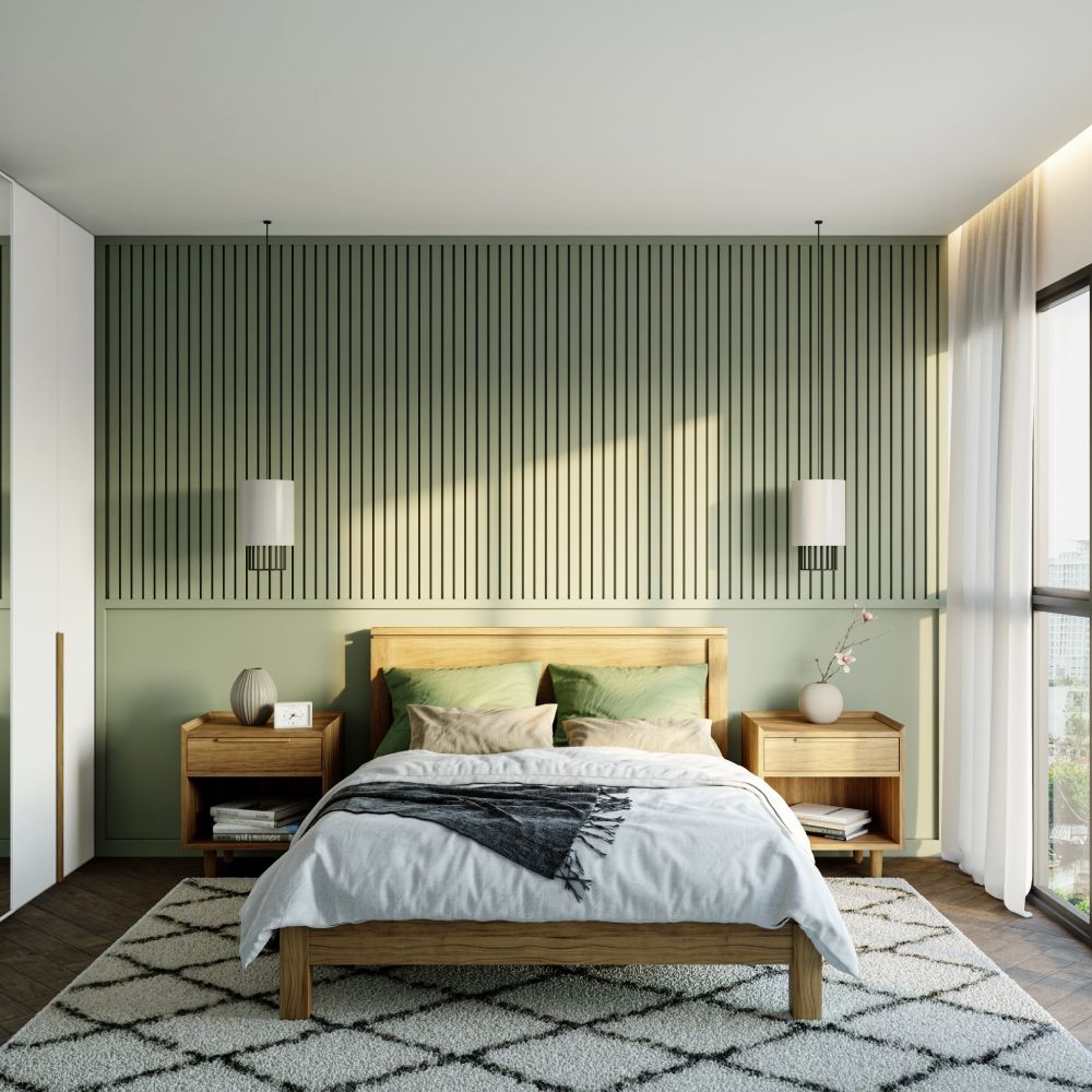Mid-Century Modern Wall Design With Green Wall Panel And Grooves