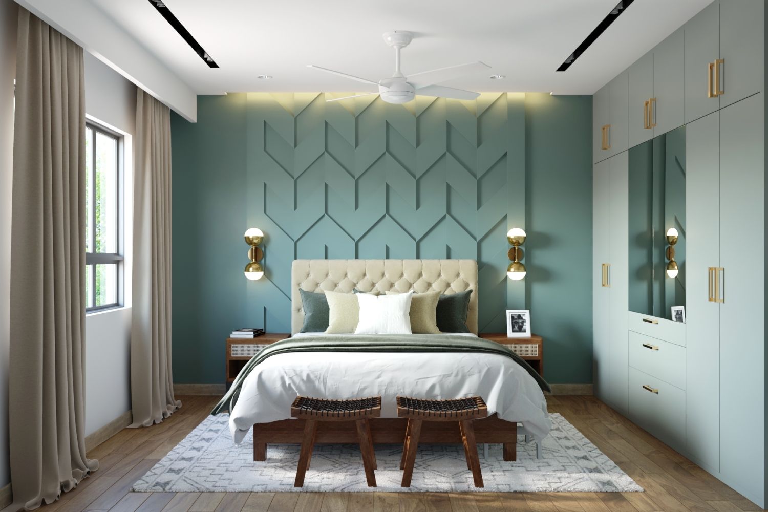 Muted Teal Wall Design With Wall Panel And Paint | Livspace