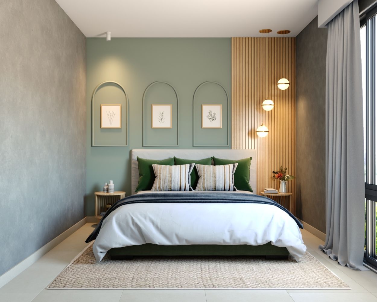 Mid-Century Modern Bedroom Wall Design With Green And Brown Wooden Wall Rafters