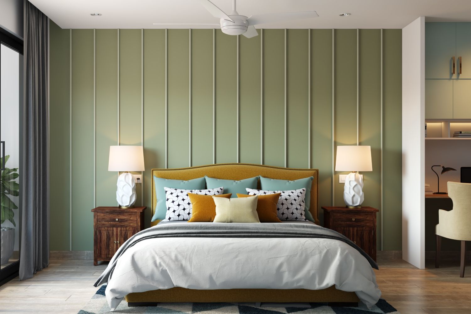 Mid-Century Modern Pale Moss Green Bedroom Wallpaint Design
