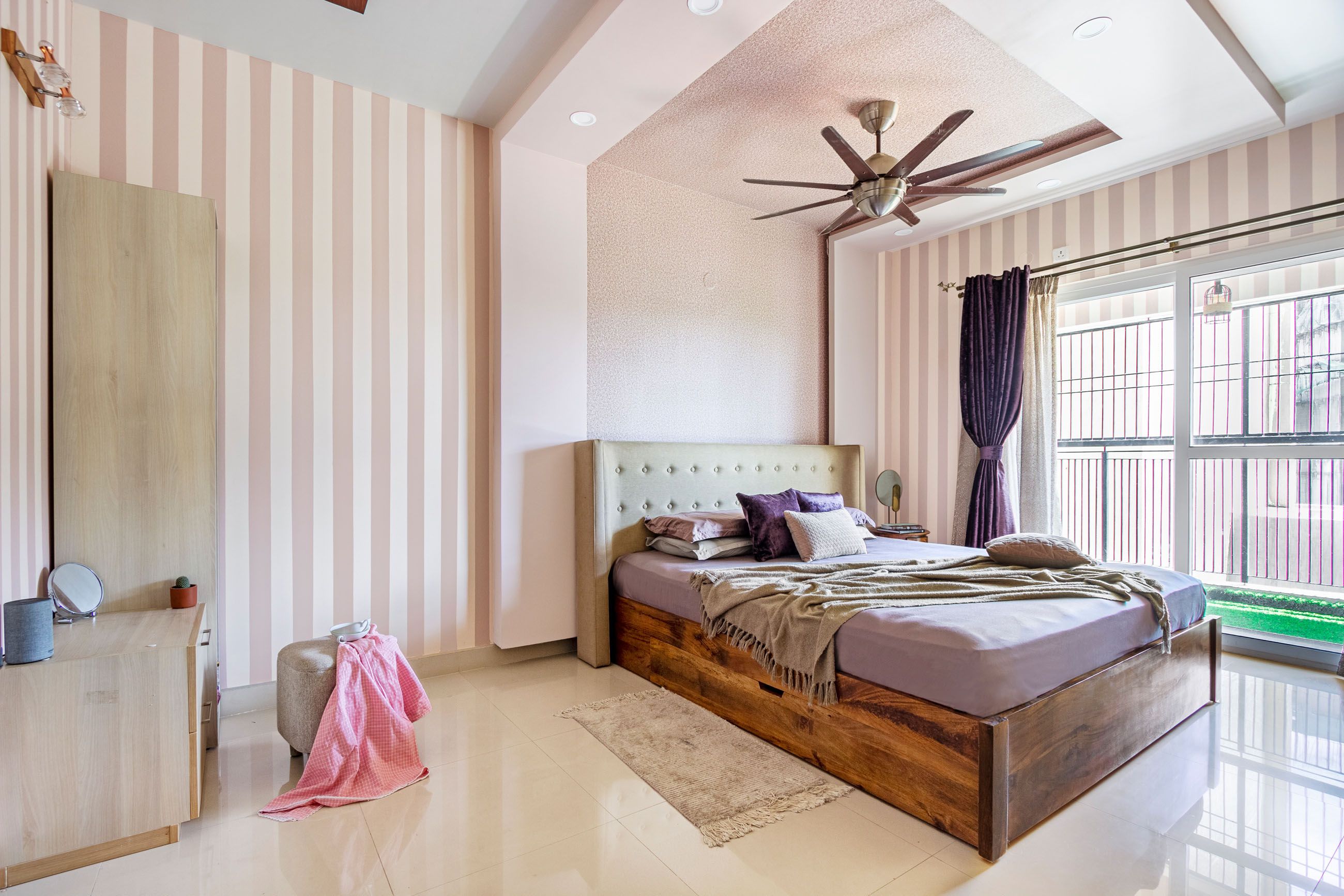 Contemporary Kids Room Design With Pink And White Striped Wallpaper