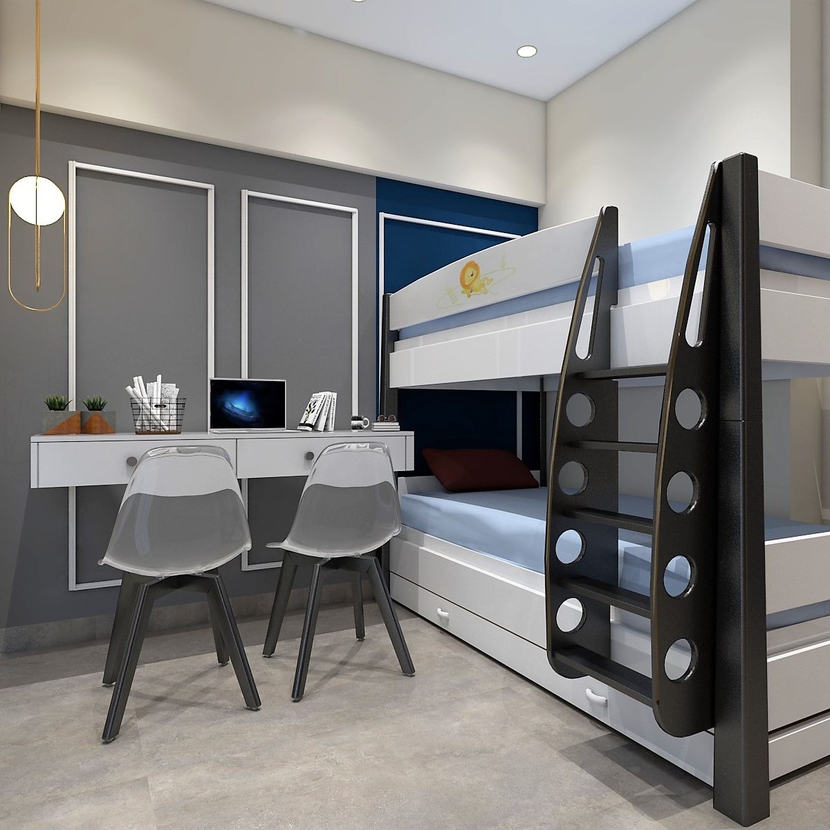 Contemporary Grey And Blue Boys Room Design With Bunk Bed