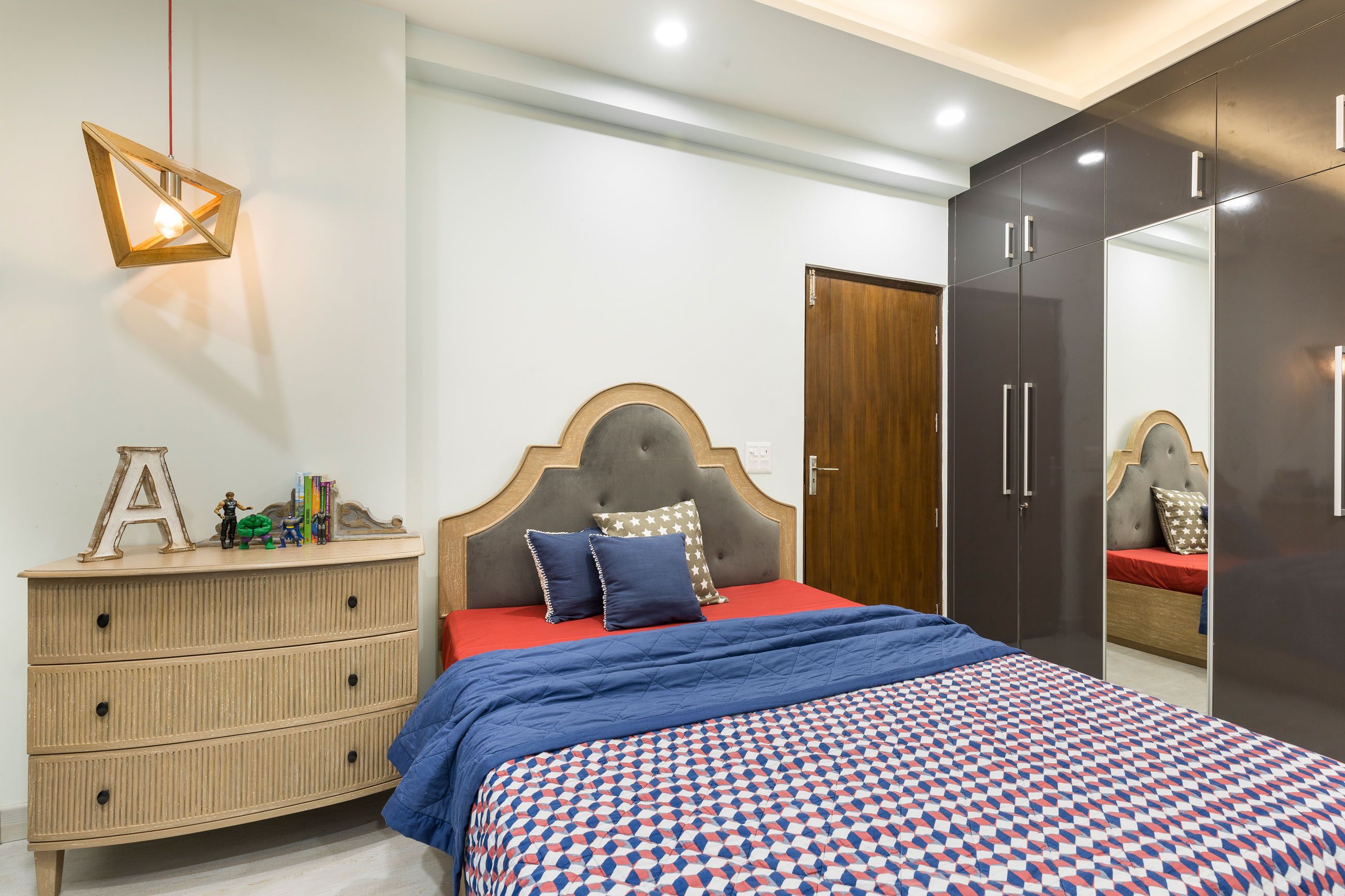 Contemporary Kids Room Design With 4-Door Brown Swing Wardrobe With Mirror
