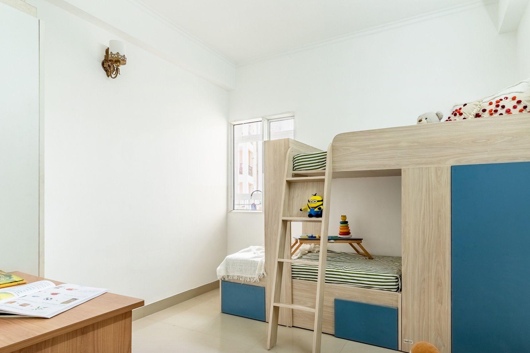 Contemporary Boys Room Design With Blue And Wood Bunk Bed