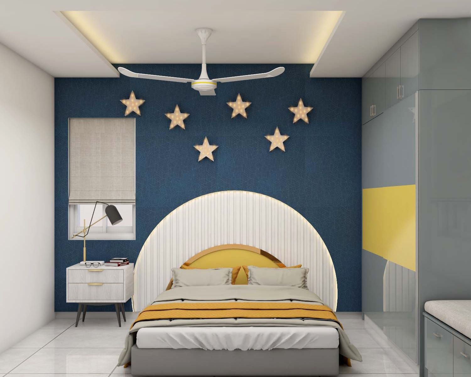 Contemporary Boys Room Design With Dark Blue Accent Wall And Star Decor