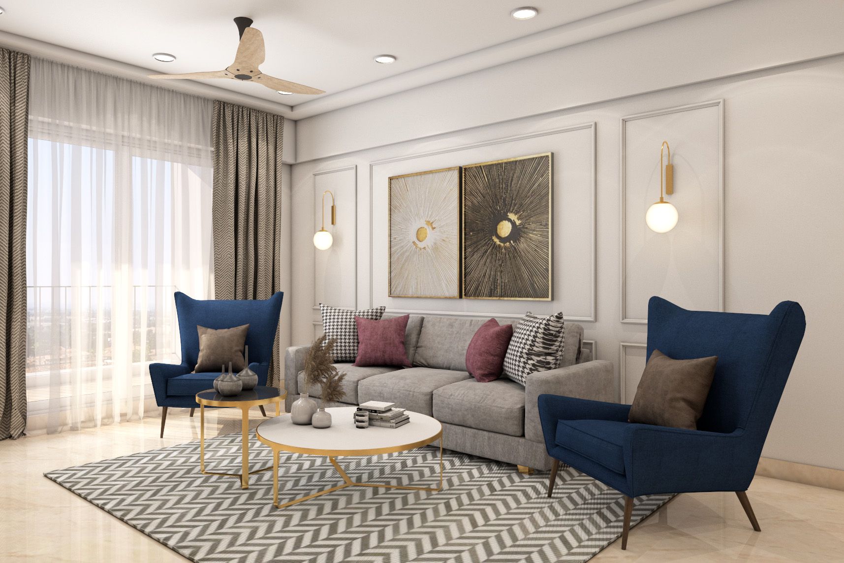 Modern Blue And Grey Living Room Design With White Wall Trims