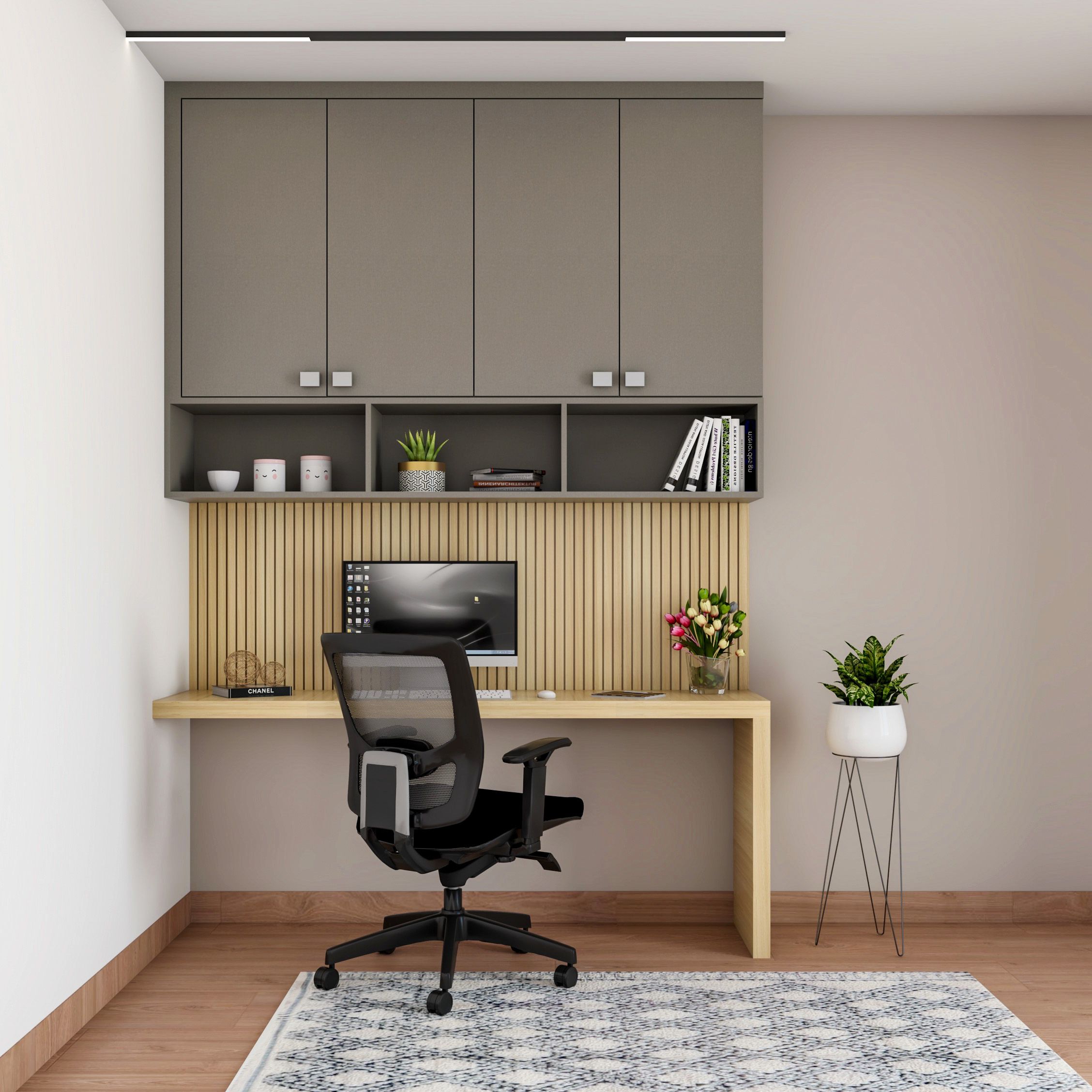 Study Room Design With Grey And Wood Study Table And Black Swivel Chair ...