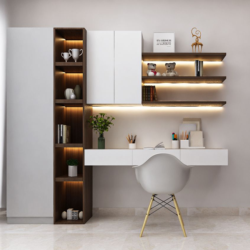 Modern White And Brown Study Room Design With Under-Ledge LED Lighting