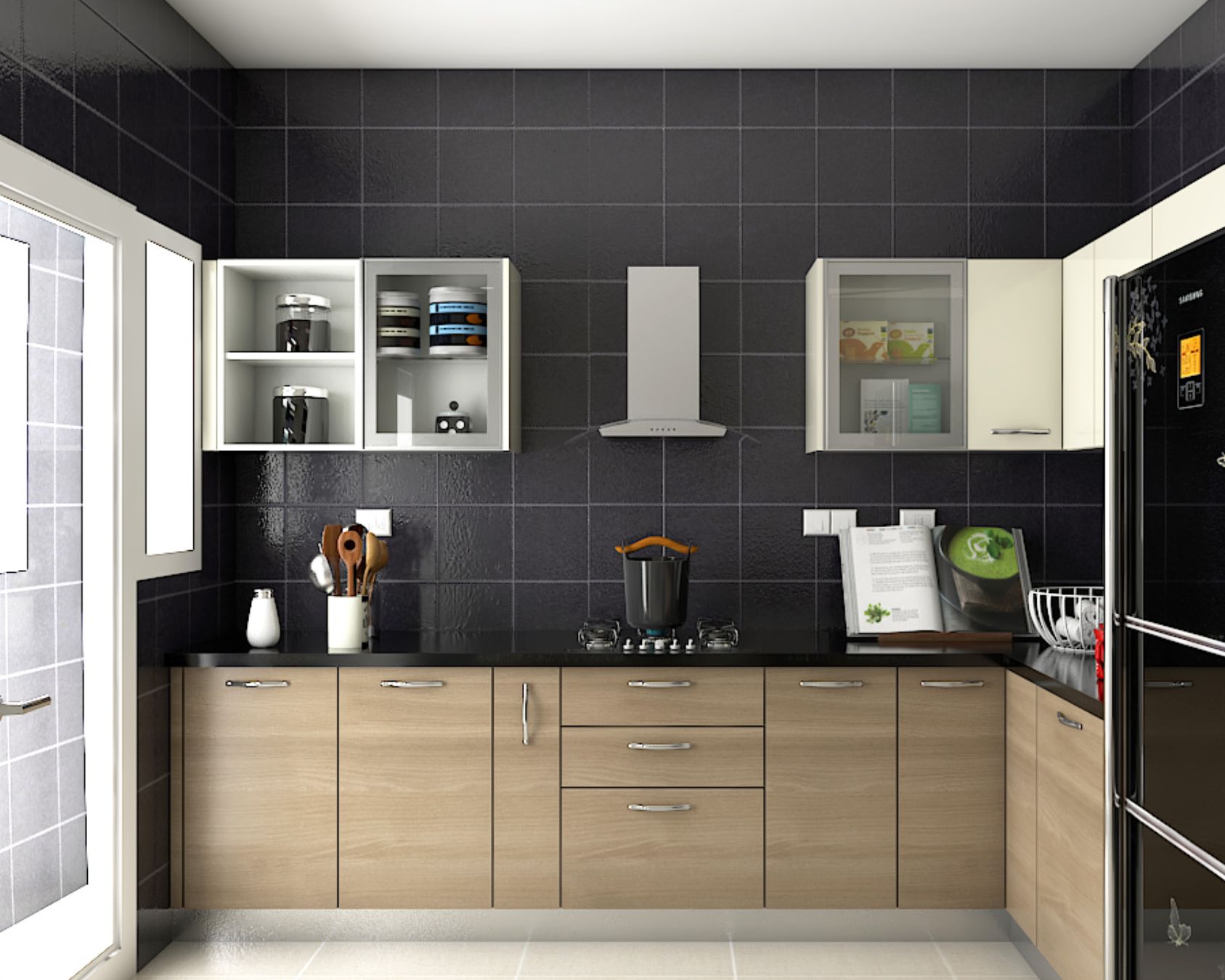 Ceramic Black Checkerboard Kitchen Tile Design | Livspace
